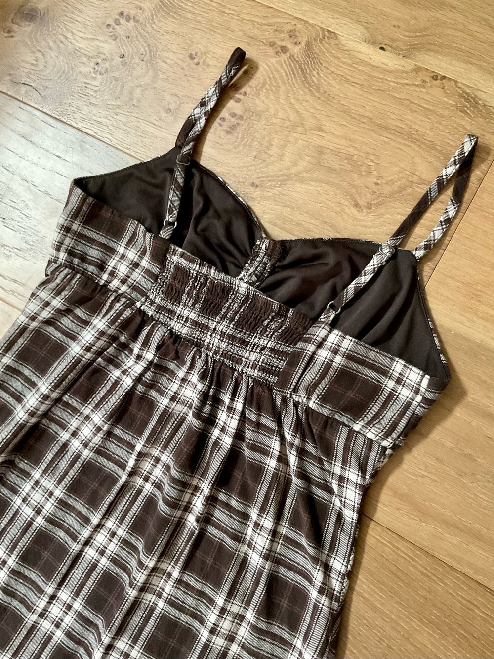 Live to be Spoiled Y2K Flannel Brown Plaid Tie Front Mini Dress Tunic Jrs Large - Picture 5 of 9